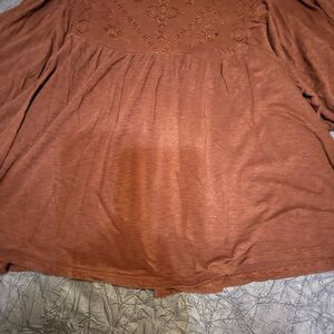 Lucky Brand Embroidered Peasant Boho Blouse Rust Brown L Long Sleeve Fall Top